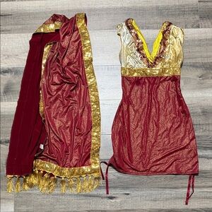 Sexy Bolly Arab Belly Dancer Halloween Costume Red and Gold Dress with Scarf